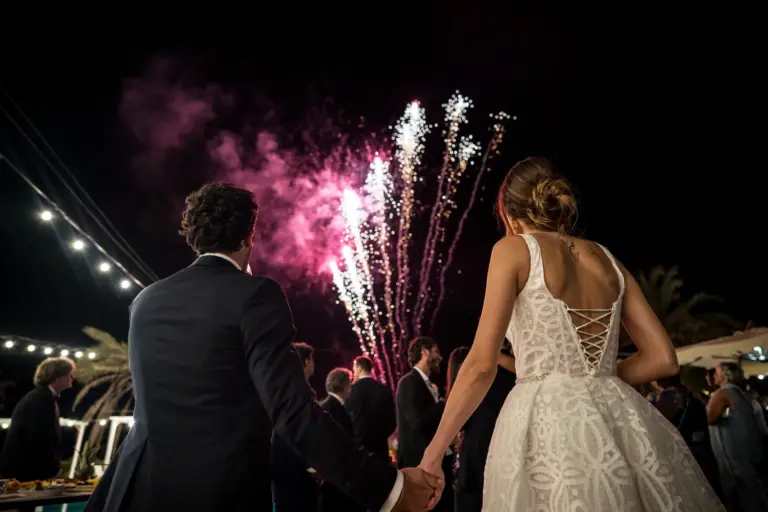 Dopo la festa di matrimonio gli sposi ammirano lo spettacolo con fuochi d' artificio